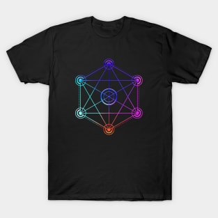 Neon Geometric Glyph Mandala Sigil Rune Sign Seal Cool Blue and Violet  - 366 T-Shirt